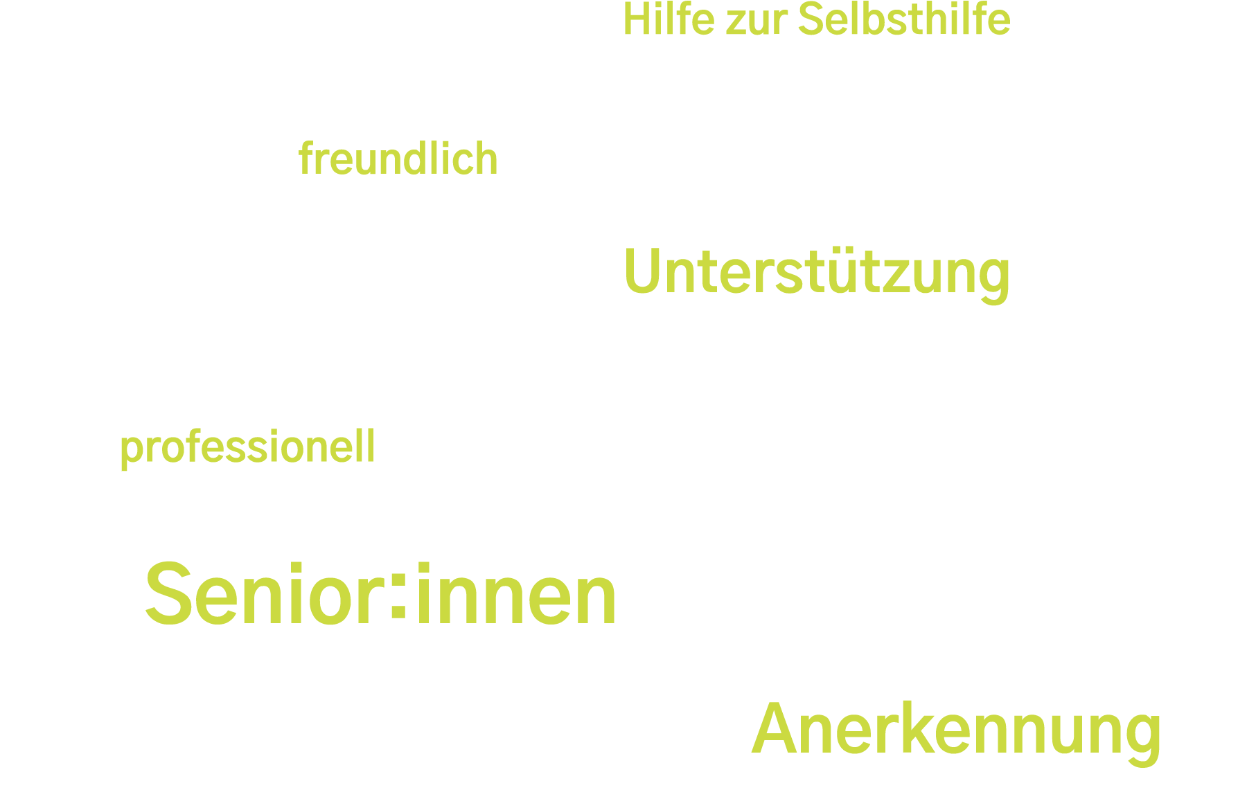 Grafik einer Textwolke mit Wörter wie: Hilfe zur Selbsthilfe, Lebensqualität, Sicherheit, Teilhabe, Barrierefreiheit, Senior:innen, Menschenrechte, Jugend, Vielfalt, zukunftsorientiert und viele mehr